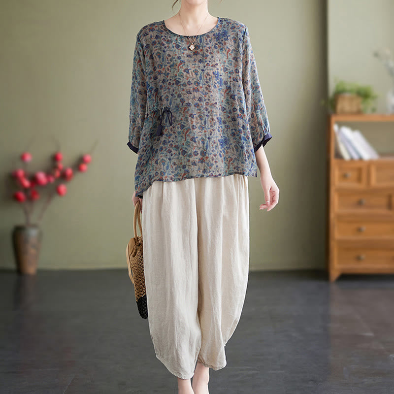 Buddha Stones - Conjunto de 2 piezas de camiseta con flores pequeñas, pantalones harén de lino y algodón
