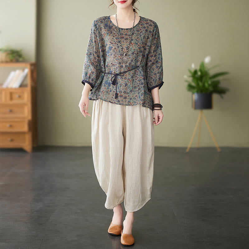 Buddha Stones - Conjunto de 2 piezas de camiseta con flores pequeñas, pantalones harén de lino y algodón