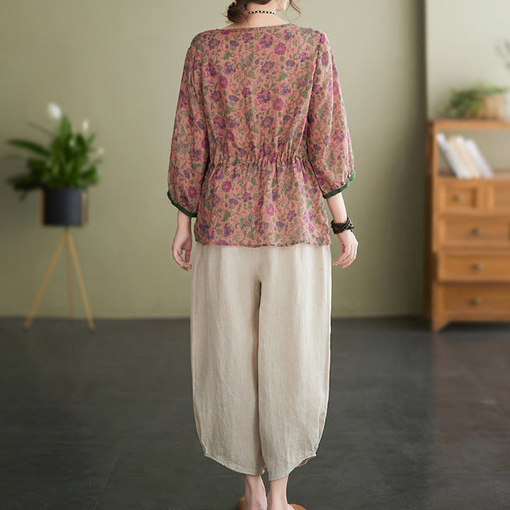 Buddha Stones - Conjunto de 2 piezas de camiseta con flores pequeñas, pantalones harén de lino y algodón