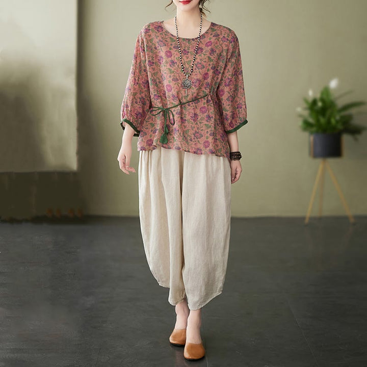 Buddha Stones - Conjunto de 2 piezas de camiseta con flores pequeñas, pantalones harén de lino y algodón