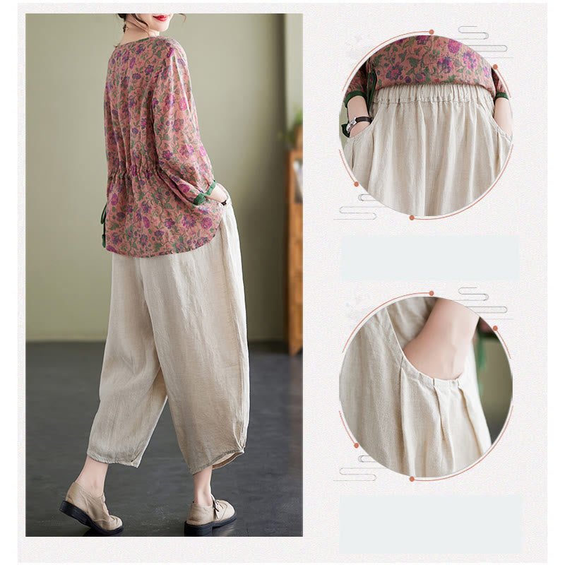 Buddha Stones - Conjunto de 2 piezas de camiseta con flores pequeñas, pantalones harén de lino y algodón