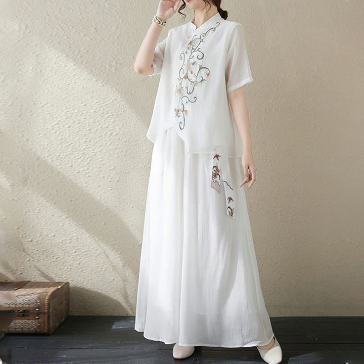 Buddha Stones Conjunto de 2 piezas de camiseta de manga corta con bordado de flores y pantalones de pierna ancha