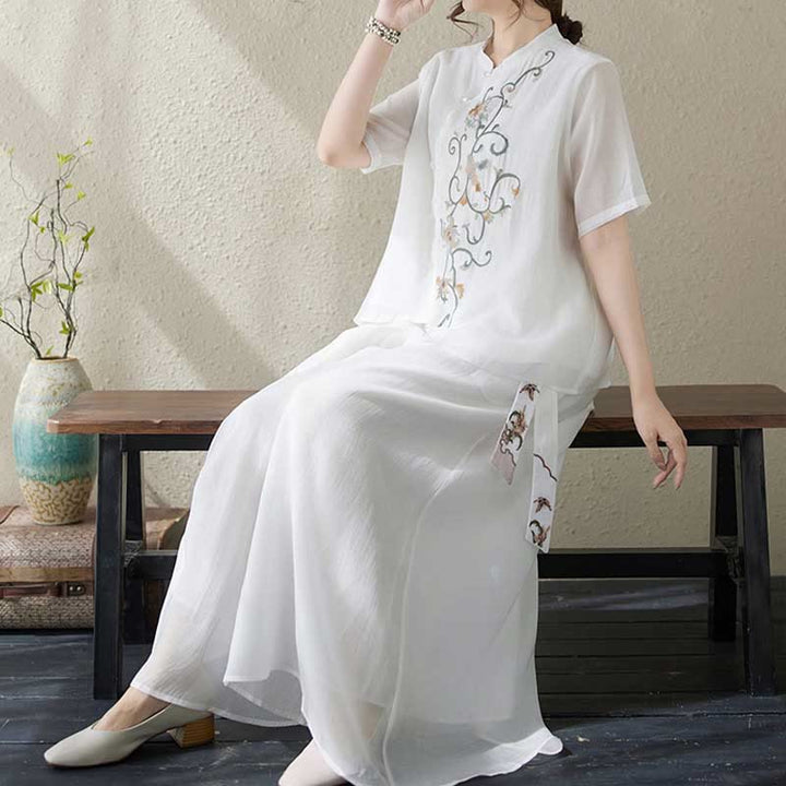 Buddha Stones Conjunto de 2 piezas de camiseta de manga corta con bordado de flores y pantalones de pierna ancha