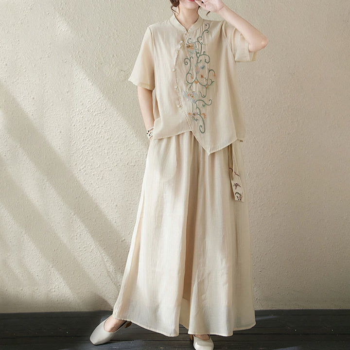 Buddha Stones Conjunto de 2 piezas de camiseta de manga corta con bordado de flores y pantalones de pierna ancha