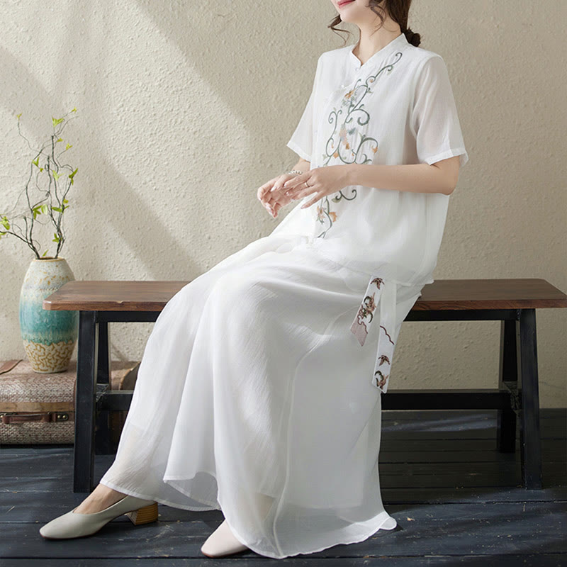 Buddha Stones Conjunto de 2 piezas de camiseta de manga corta con bordado de flores y pantalones de pierna ancha