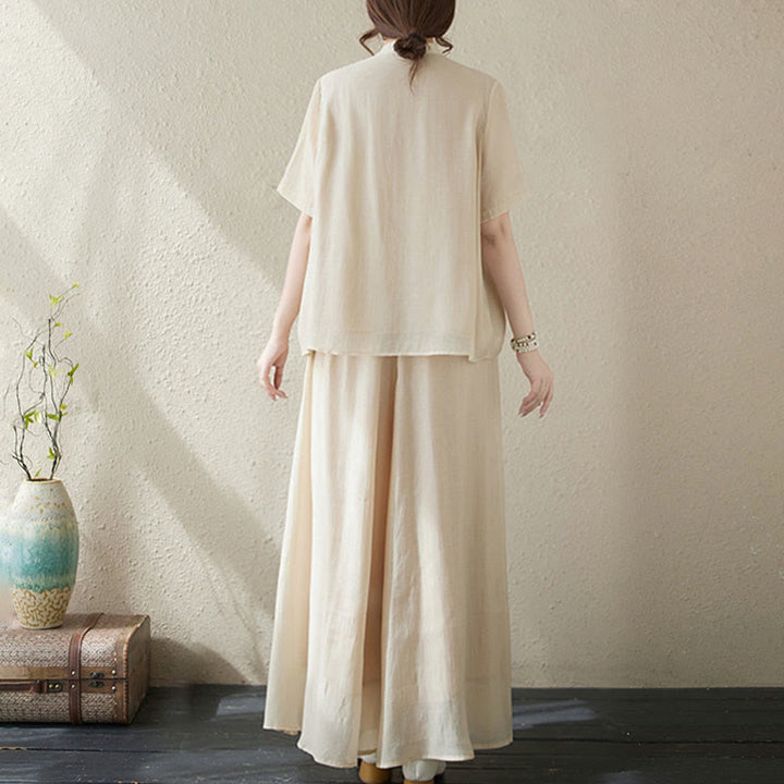 Buddha Stones Conjunto de 2 piezas de camiseta de manga corta con bordado de flores y pantalones de pierna ancha - image 2