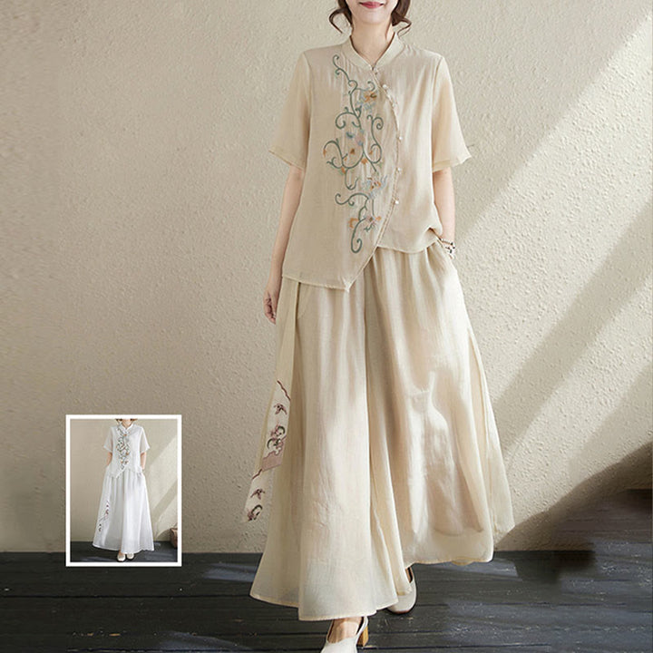 Buddha Stones Conjunto de 2 piezas de camiseta de manga corta con bordado de flores y pantalones de pierna ancha - image 8