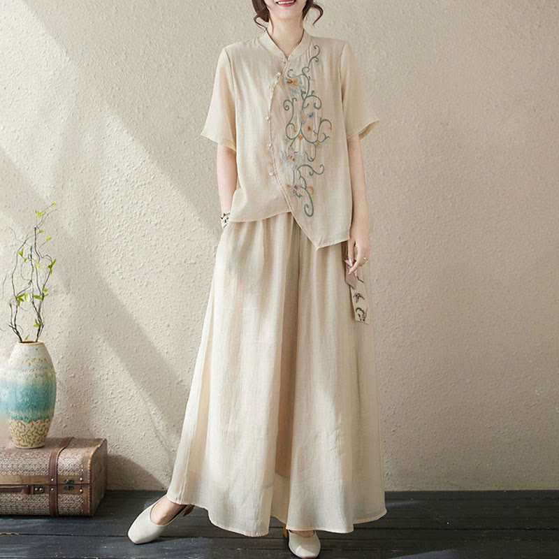 Buddha Stones Conjunto de 2 piezas de camiseta de manga corta con bordado de flores y pantalones de pierna ancha