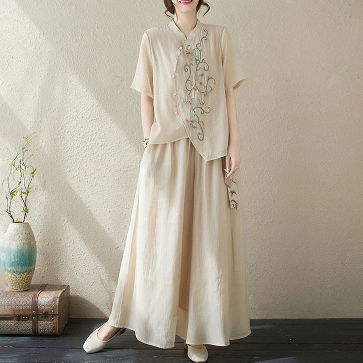 Buddha Stones Conjunto de 2 piezas de camiseta de manga corta con bordado de flores y pantalones de pierna ancha