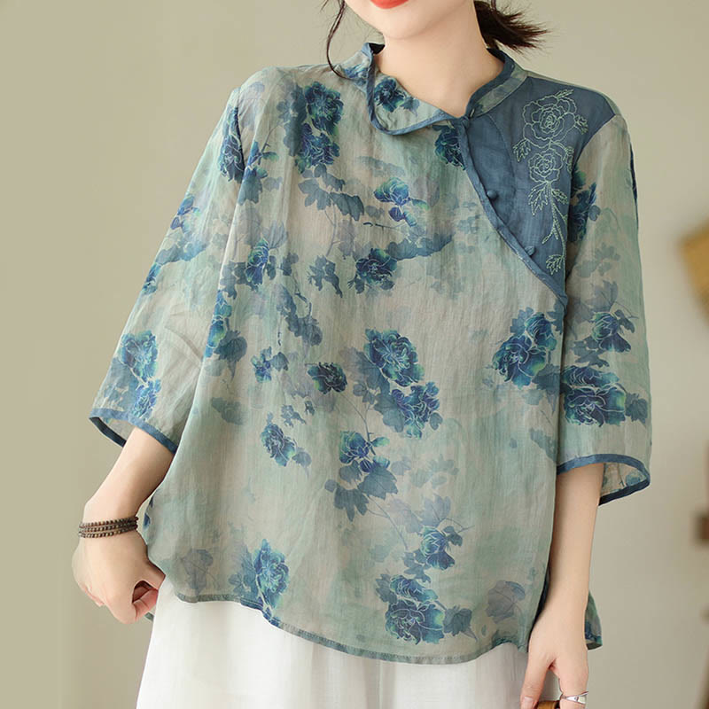 Camisa de manga tres cuartos con diseño de flor de jacaranda azul, talla grande, de Buddha Stones - image 6