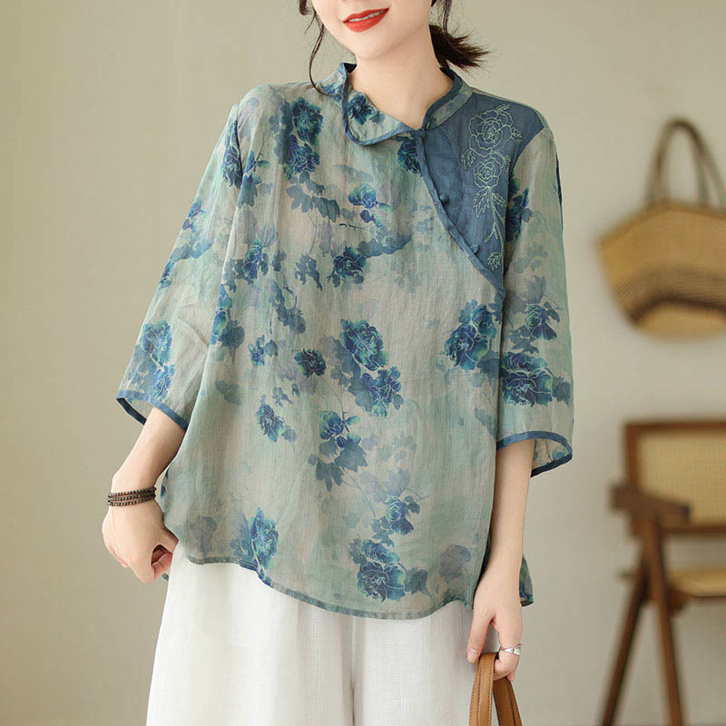 Camisa de manga tres cuartos con diseño de flor de jacaranda azul, talla grande, de Buddha Stones - image 8