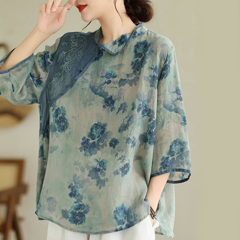 Camisa de manga tres cuartos con diseño de flor de jacaranda azul, talla grande, de Buddha Stones - image 2