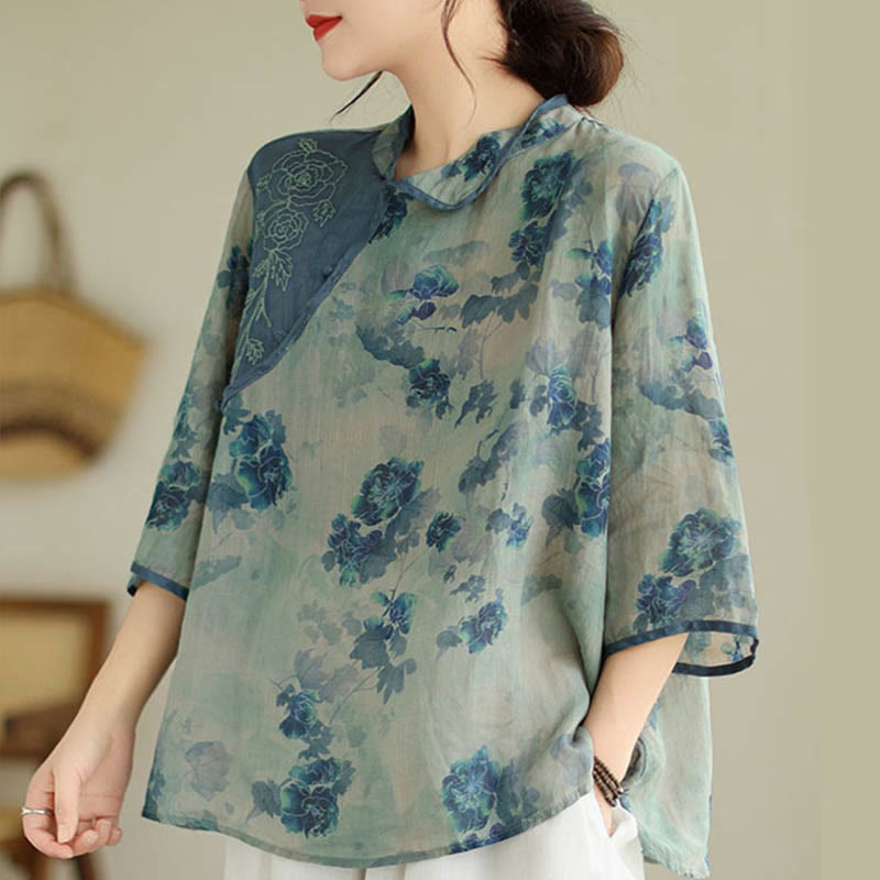Camisa de manga tres cuartos con diseño de flor de jacaranda azul, talla grande, de Buddha Stones - image 4