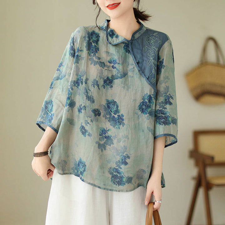 Camisa de manga tres cuartos con diseño de flor de jacaranda azul, talla grande, de Buddha Stones - image 8