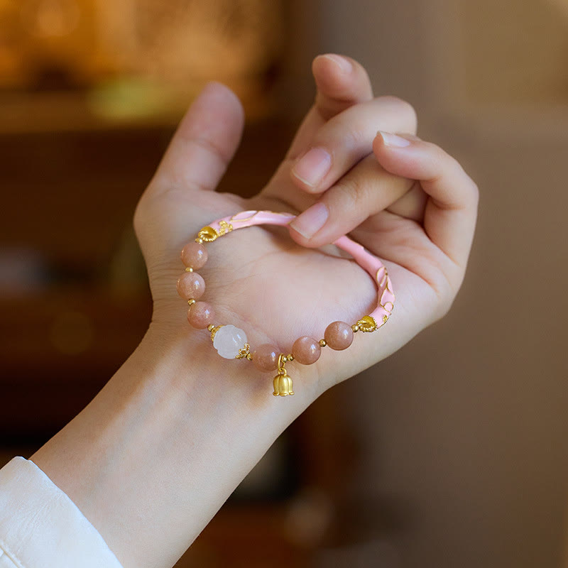 Buddha Stones, piedra solar, seda dorada, Jade, lirio de los valles, dije positivo, pulsera, brazalete