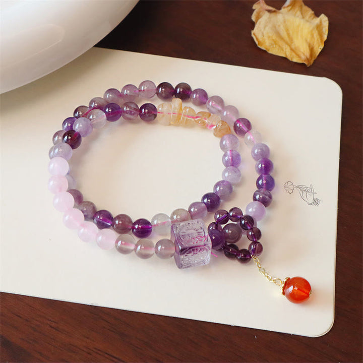 Pulsera de doble vuelta con Buddha Stones, amatista natural, citrino, transformación positiva