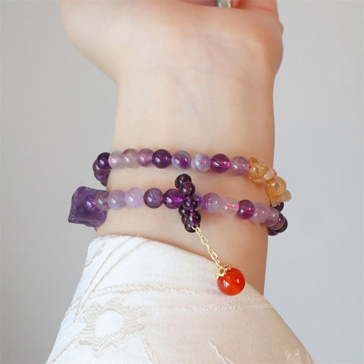 Pulsera de doble vuelta con Buddha Stones, amatista natural, citrino, transformación positiva