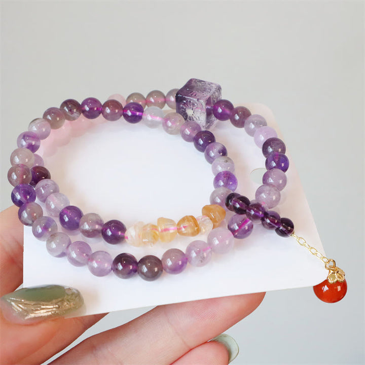 Pulsera de doble vuelta con Buddha Stones, amatista natural, citrino, transformación positiva