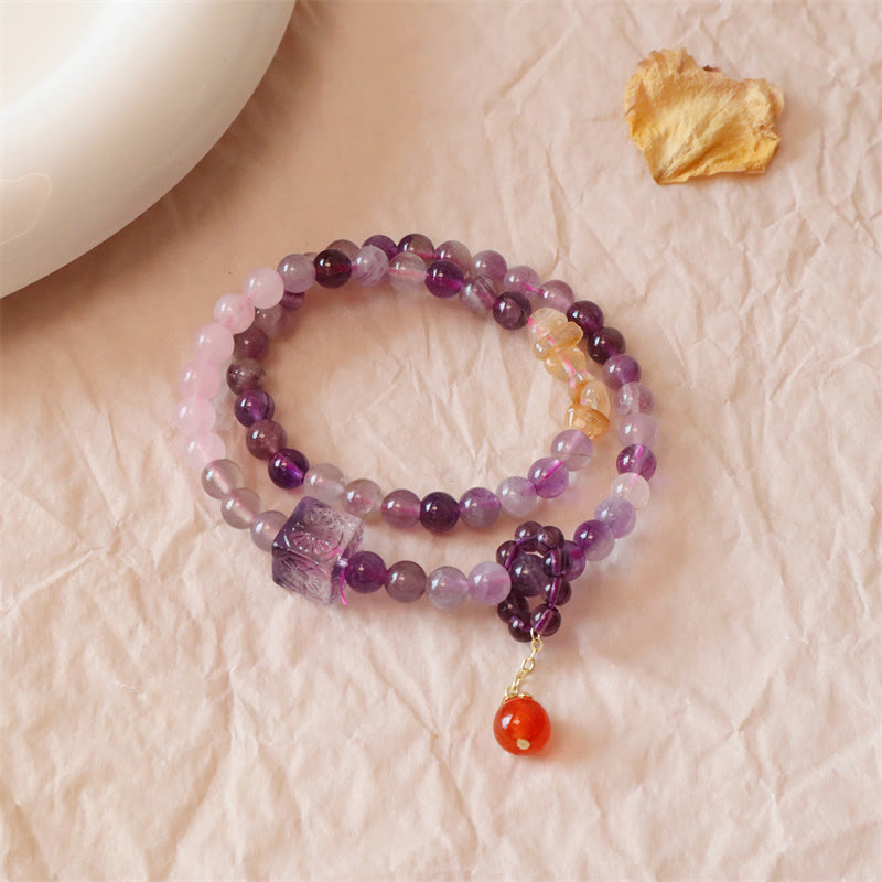 Pulsera de doble vuelta con Buddha Stones, amatista natural, citrino, transformación positiva
