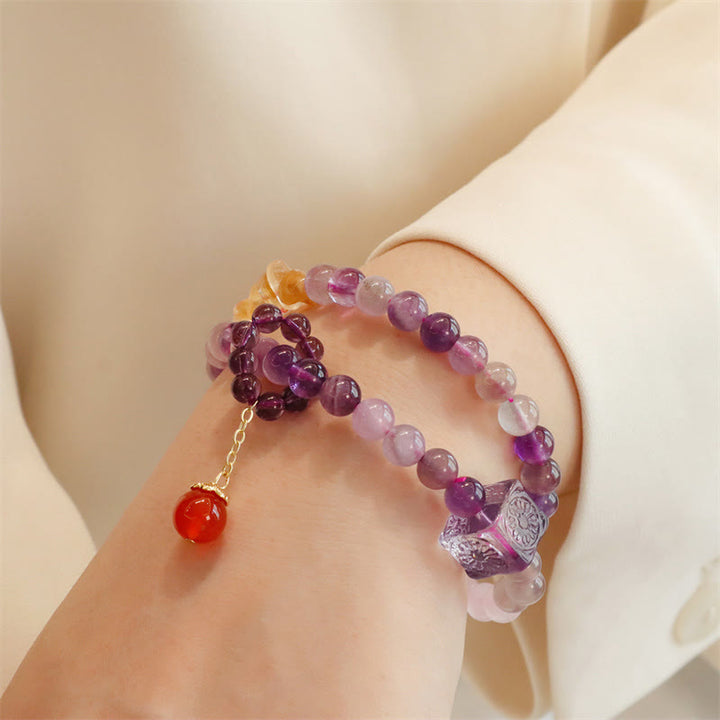 Pulsera de doble vuelta con Buddha Stones, amatista natural, citrino, transformación positiva