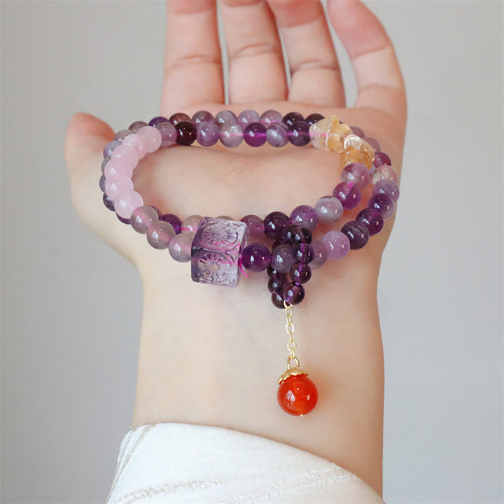 Pulsera de doble vuelta con Buddha Stones, amatista natural, citrino, transformación positiva