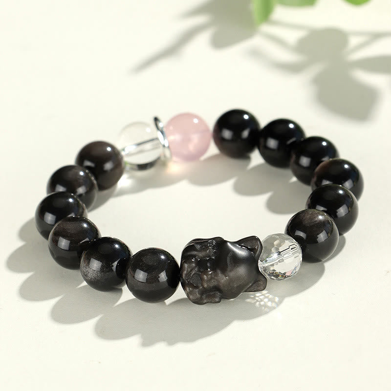 Pulsera de protección de planeta zorro con cabeza de gato de obsidiana brillante de plata natural con Buddha Stones - Zorro de obsidiana con brillo plateado (circunferencia de muñeca: 14-16,5 cm) - image 6