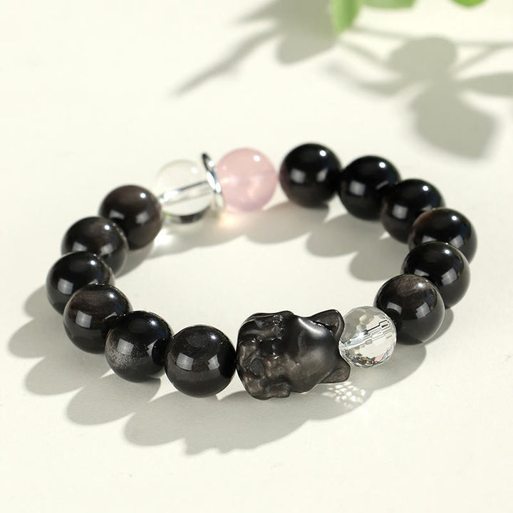 Pulsera de protección de planeta zorro con cabeza de gato de obsidiana brillante de plata natural con Buddha Stones - Zorro de obsidiana con brillo plateado (circunferencia de muñeca: 14-16,5 cm) - image 6