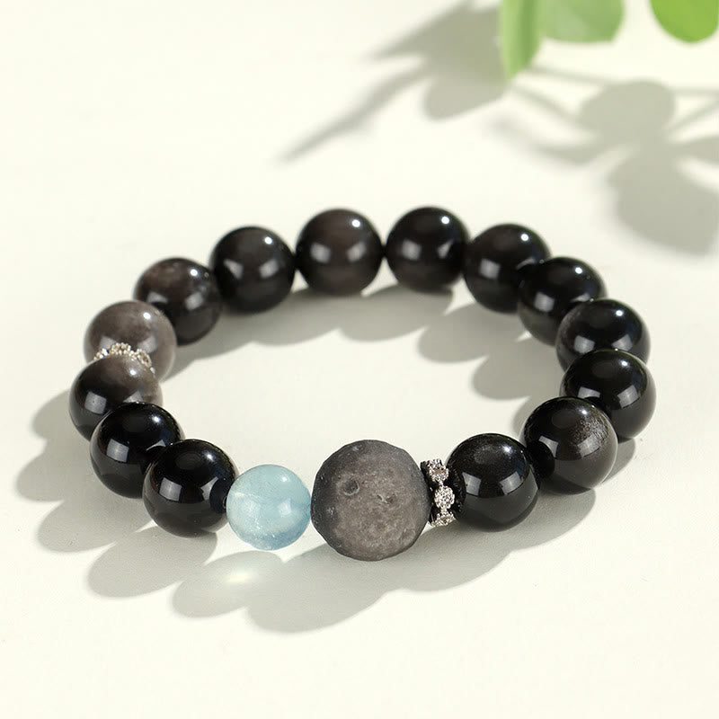 Pulsera de protección de planeta zorro con cabeza de gato de obsidiana brillante de plata natural con Buddha Stones - Planeta de obsidiana con brillo plateado (circunferencia de muñeca: 14-16,5 cm) - image 8