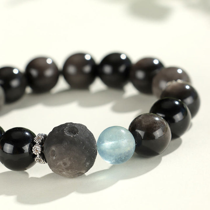 Pulsera de protección de planeta zorro con cabeza de gato de obsidiana brillante de plata natural con Buddha Stones - image 10