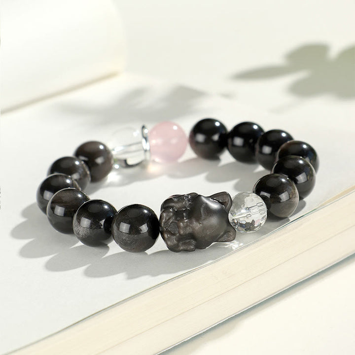 Pulsera de protección de planeta zorro con cabeza de gato de obsidiana brillante de plata natural con Buddha Stones - image 7