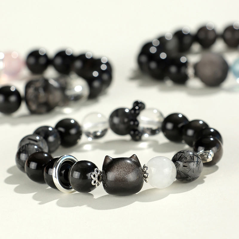Pulsera de protección de planeta zorro con cabeza de gato de obsidiana brillante de plata natural con Buddha Stones - image 1