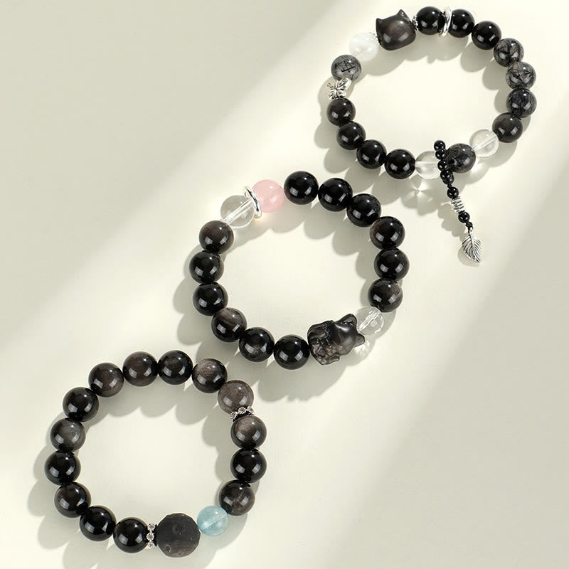 Pulsera de protección de planeta zorro con cabeza de gato de obsidiana brillante de plata natural con Buddha Stones - image 12