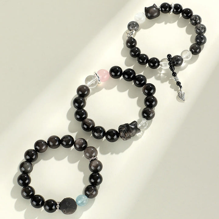 Pulsera de protección de planeta zorro con cabeza de gato de obsidiana brillante de plata natural con Buddha Stones - image 12