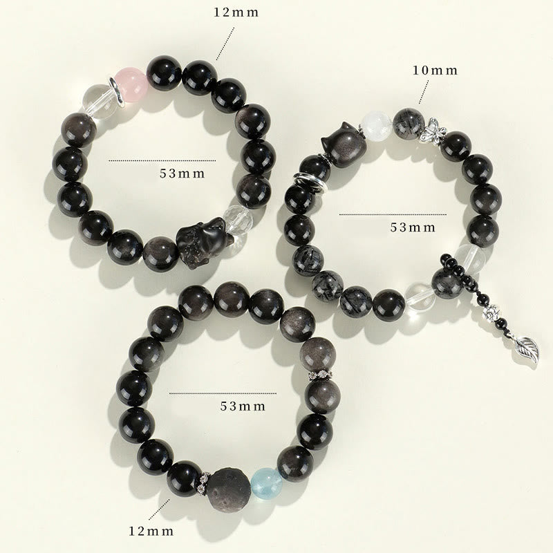 Pulsera de protección de planeta zorro con cabeza de gato de obsidiana brillante de plata natural con Buddha Stones - image 14