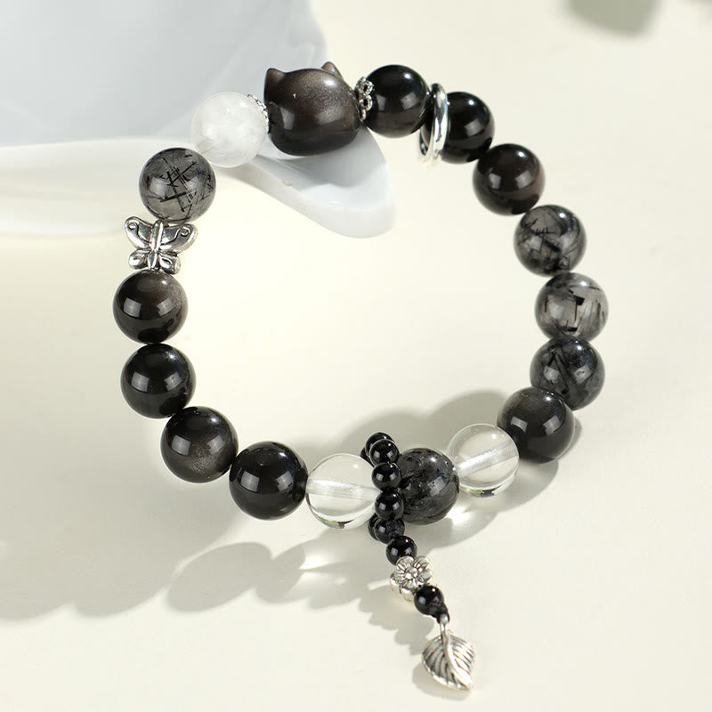 Pulsera de protección de planeta zorro con cabeza de gato de obsidiana brillante de plata natural con Buddha Stones - image 4