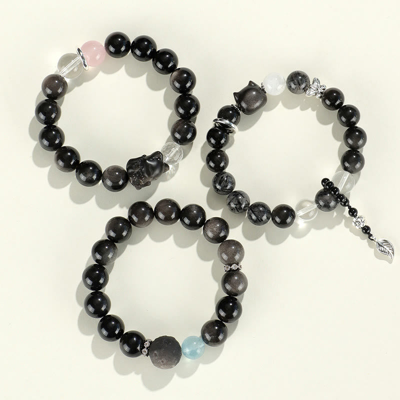 Pulsera de protección de planeta zorro con cabeza de gato de obsidiana brillante de plata natural con Buddha Stones - image 13