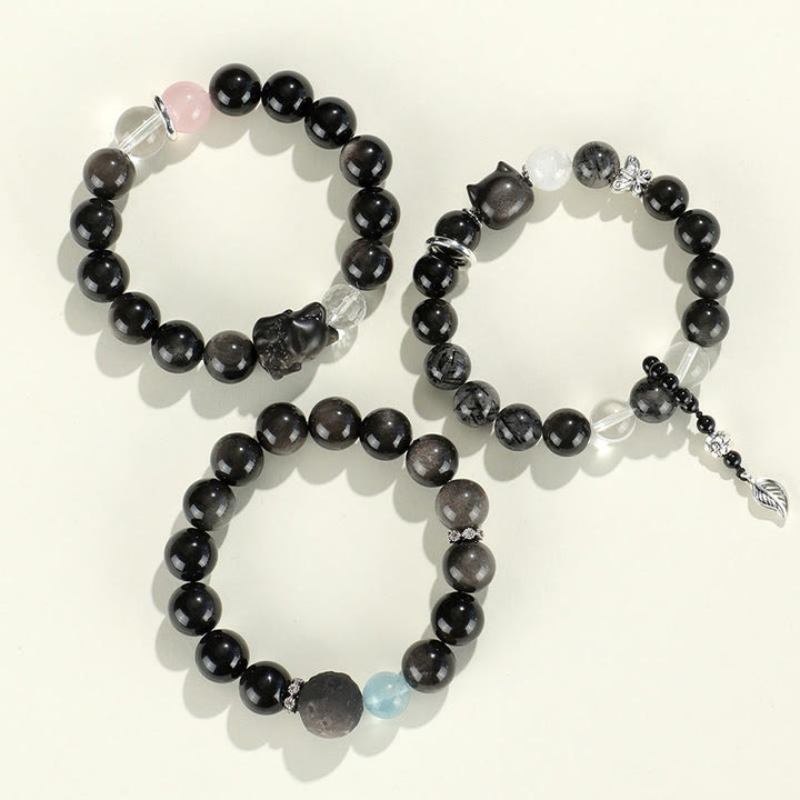 Pulsera de protección de planeta zorro con cabeza de gato de obsidiana brillante de plata natural con Buddha Stones - image 13