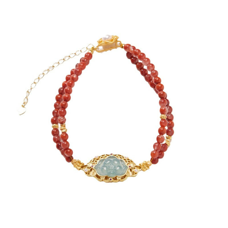 Pulsera de doble capa con Buddha Stones, Plata de Ley 925 chapada en oro, ágata roja Natural, loto, Jade, calma