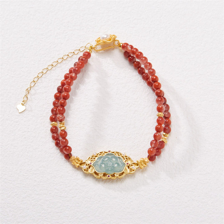 Pulsera de doble capa con Buddha Stones, Plata de Ley 925 chapada en oro, ágata roja Natural, loto, Jade, calma