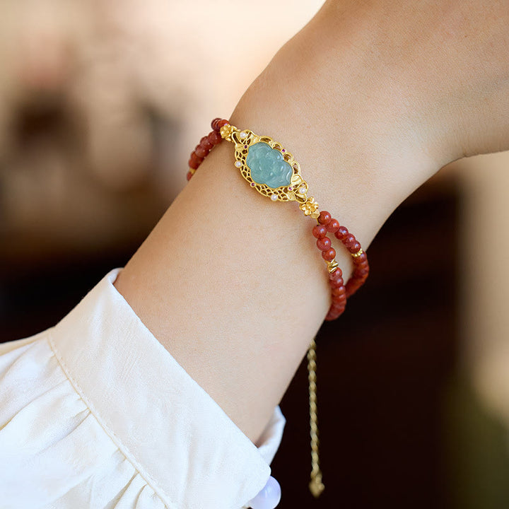 Pulsera de doble capa con Buddha Stones, Plata de Ley 925 chapada en oro, ágata roja Natural, loto, Jade, calma