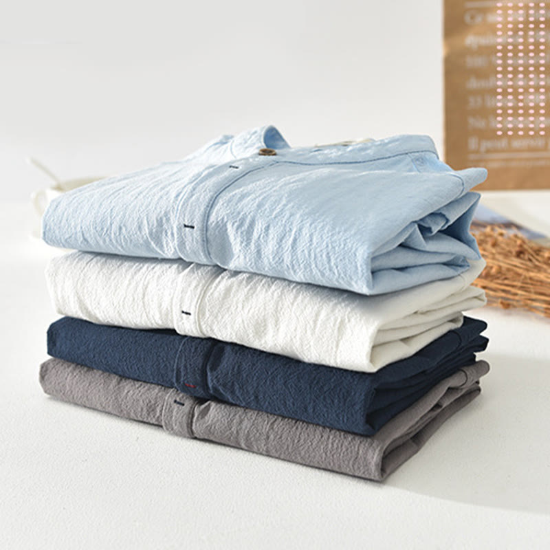 Buddha Stones Color sólido manga corta medio botón camisa algodón lino hombres ropa - image 1