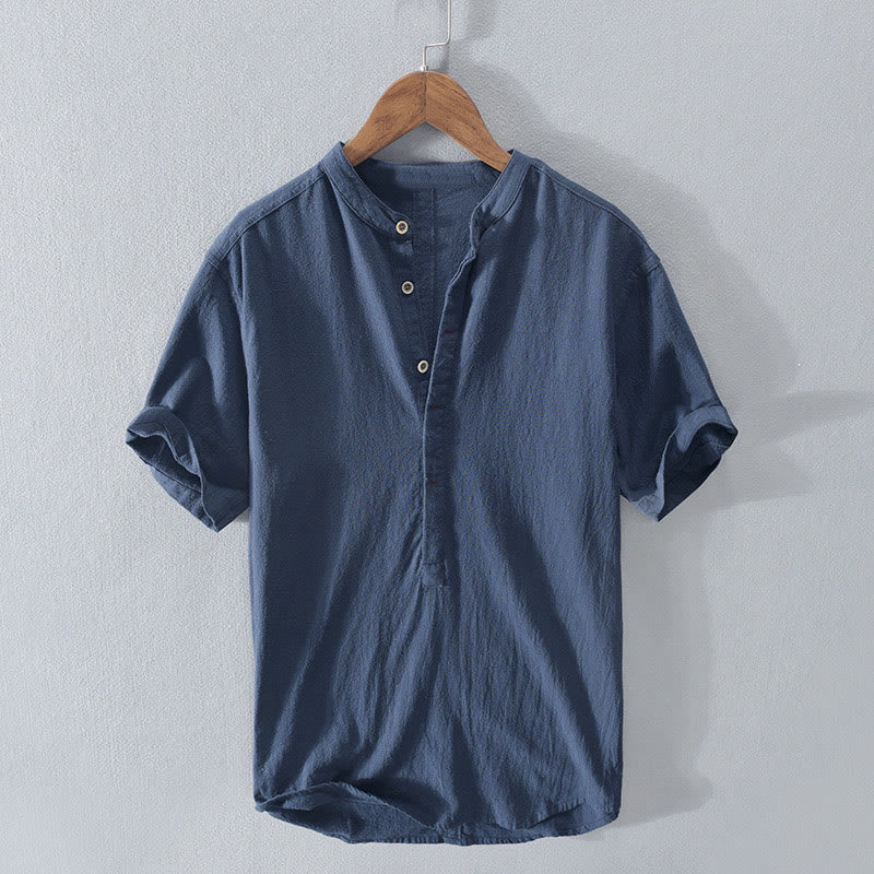 Camisa de manga corta de algodón con estampado de Buddha Stones y medio botón para hombre. - Azul acero - US/UK/AU40, UE 50 (3XL) - image 0