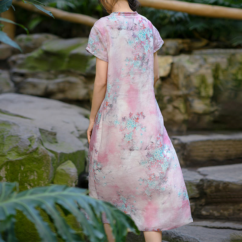 Vestido midi cheongsam chino de lino de ramio de manga corta con planta de flores y Buddha Stones con bolsillos