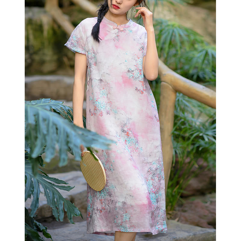 Vestido midi cheongsam chino de lino de ramio de manga corta con planta de flores y Buddha Stones con bolsillos