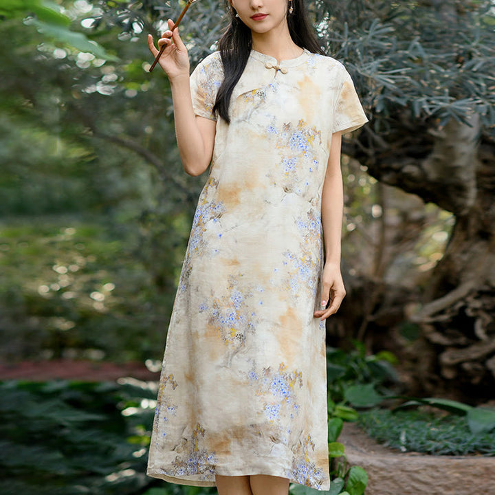 Vestido midi cheongsam chino de lino de ramio de manga corta con planta de flores y Buddha Stones con bolsillos
