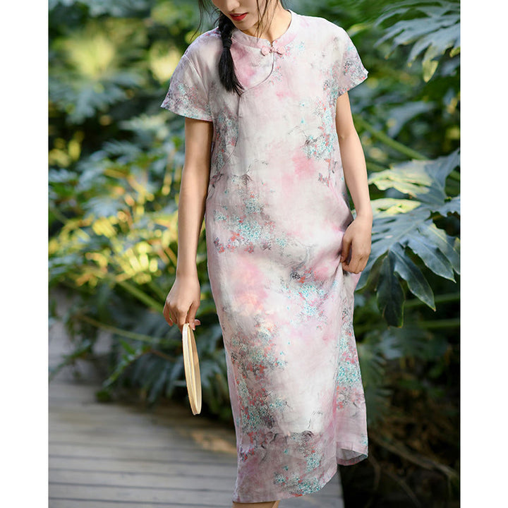 Vestido midi cheongsam chino de lino de ramio de manga corta con planta de flores y Buddha Stones con bolsillos