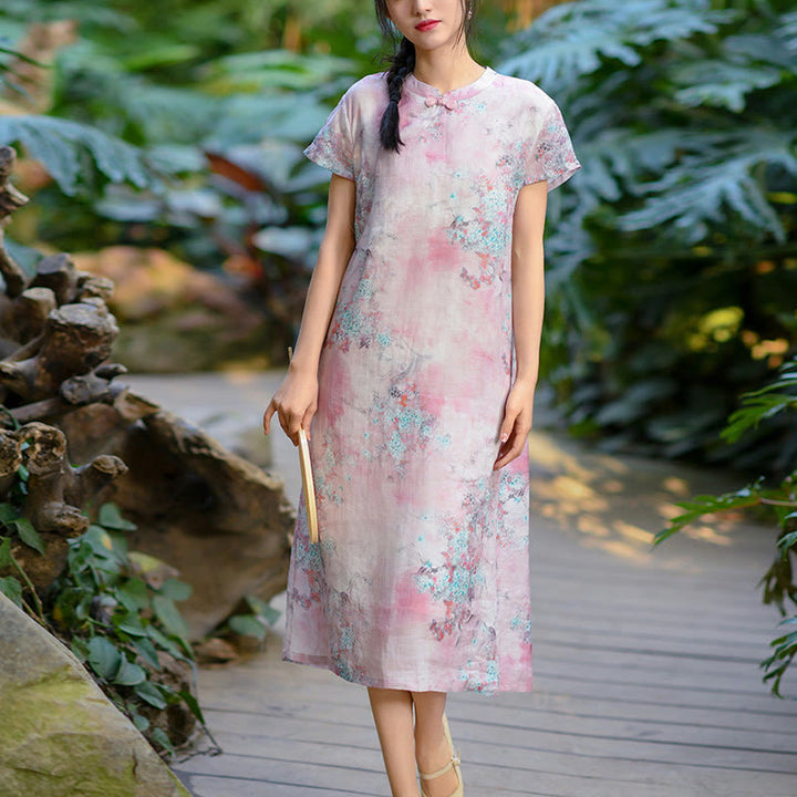 Vestido midi cheongsam chino de lino de ramio de manga corta con planta de flores y Buddha Stones con bolsillos