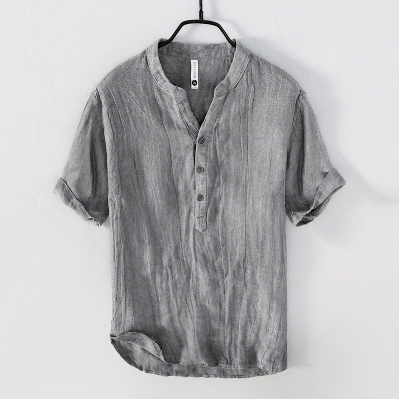 Buddha Stones Color sólido manga corta medio botón camisa lino y algodón hombres ropa - Manga corta - Gris - US/UK/AU50, UE60 (5XL) - image 0