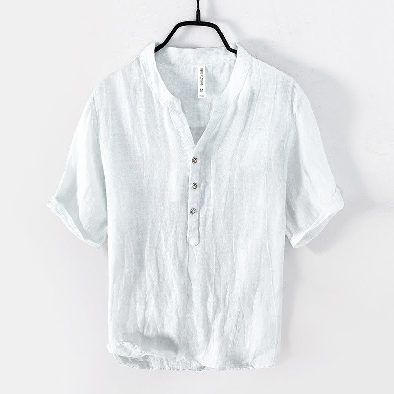 Buddha Stones Color sólido manga corta medio botón camisa lino y algodón hombres ropa - Manga corta - Blanco - US/UK/AU50, EU60 (5XL) - image 12