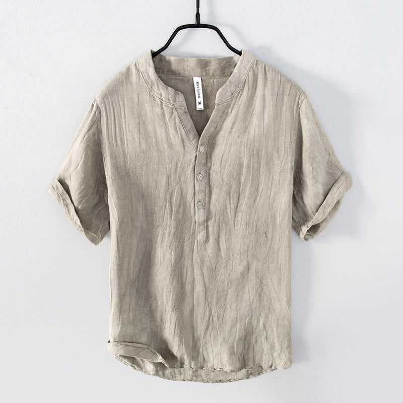 Buddha Stones Color sólido manga corta medio botón camisa lino y algodón hombres ropa - Manga corta - Lino - US/UK/AU50, EU60 (5XL) - image 17